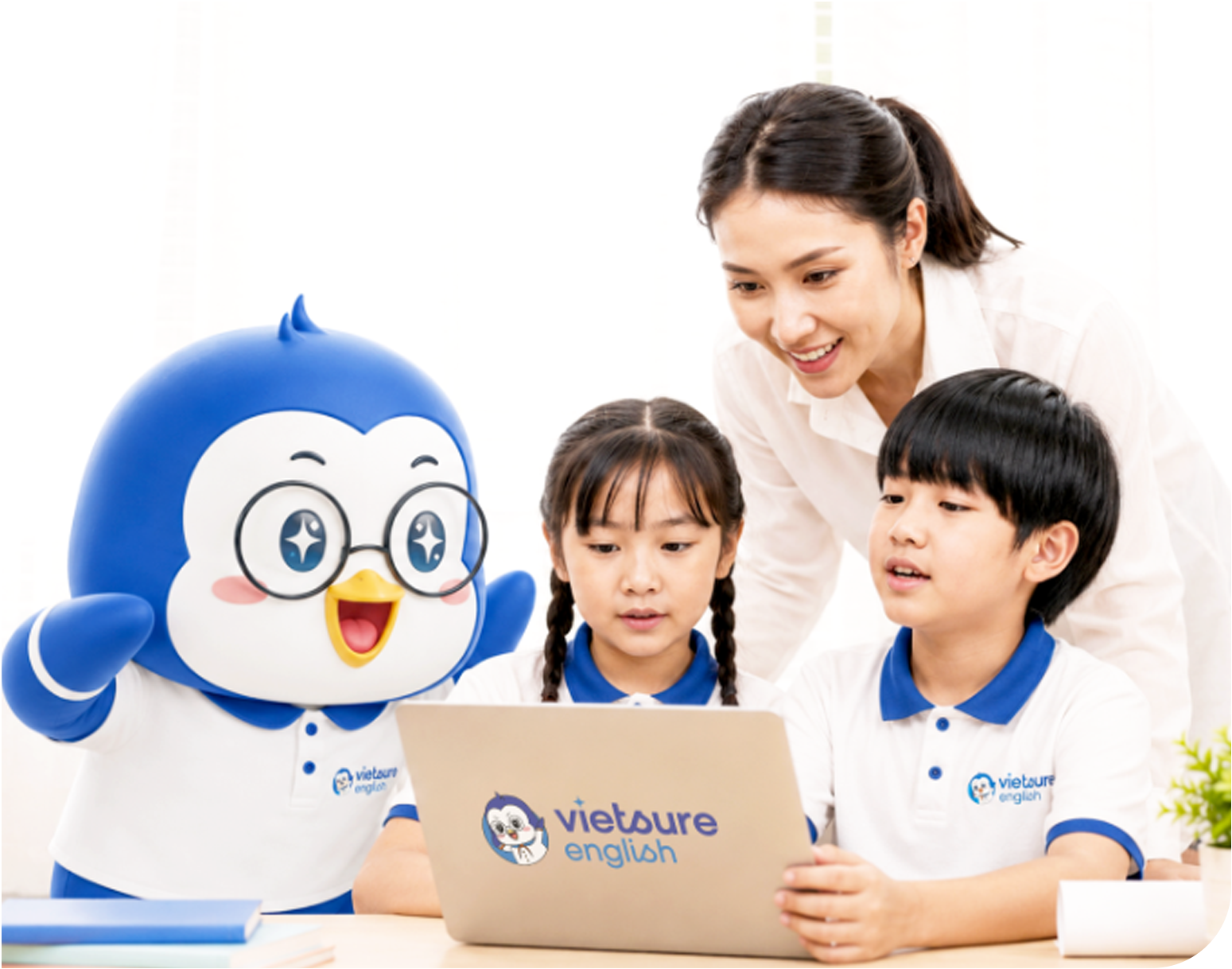 VietSure English Online Class - Teacher and students with penguin mascot
